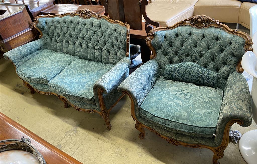 Louis XV style carved walnut framed buttoned two seater settee, length 154cm, depth 78cm, height 90cm and a matching armchair